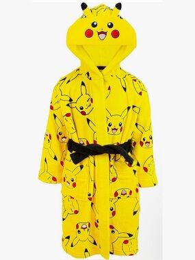 Pikachu Yellow Kids Hooded Bathrobe - Soft Fleece Pajama Robe Size 9/10
